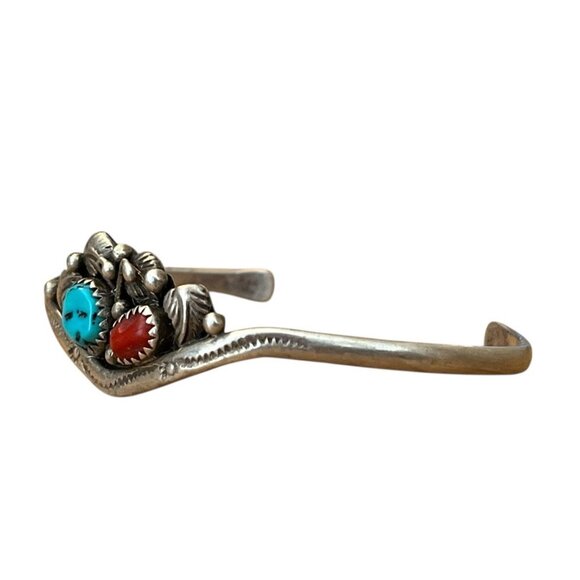 Navajo Sterling Silver Turquoise Coral Cuff Bracelet Native American Handmade - Picture 3 of 8